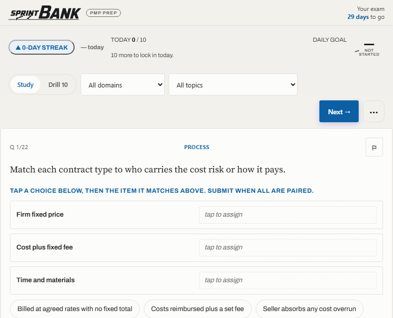 The sprintBANK PMP drill screen: a question stem set in a serif, four lettered options as ruled rows, a domain label and a Next control.
