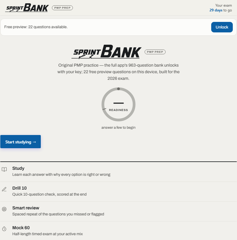 The sprintBANK PMP app home screen: a ruled list of Study, Drill, Smart review, Mock 60, Mock 180 and Study plan above a readiness dial.